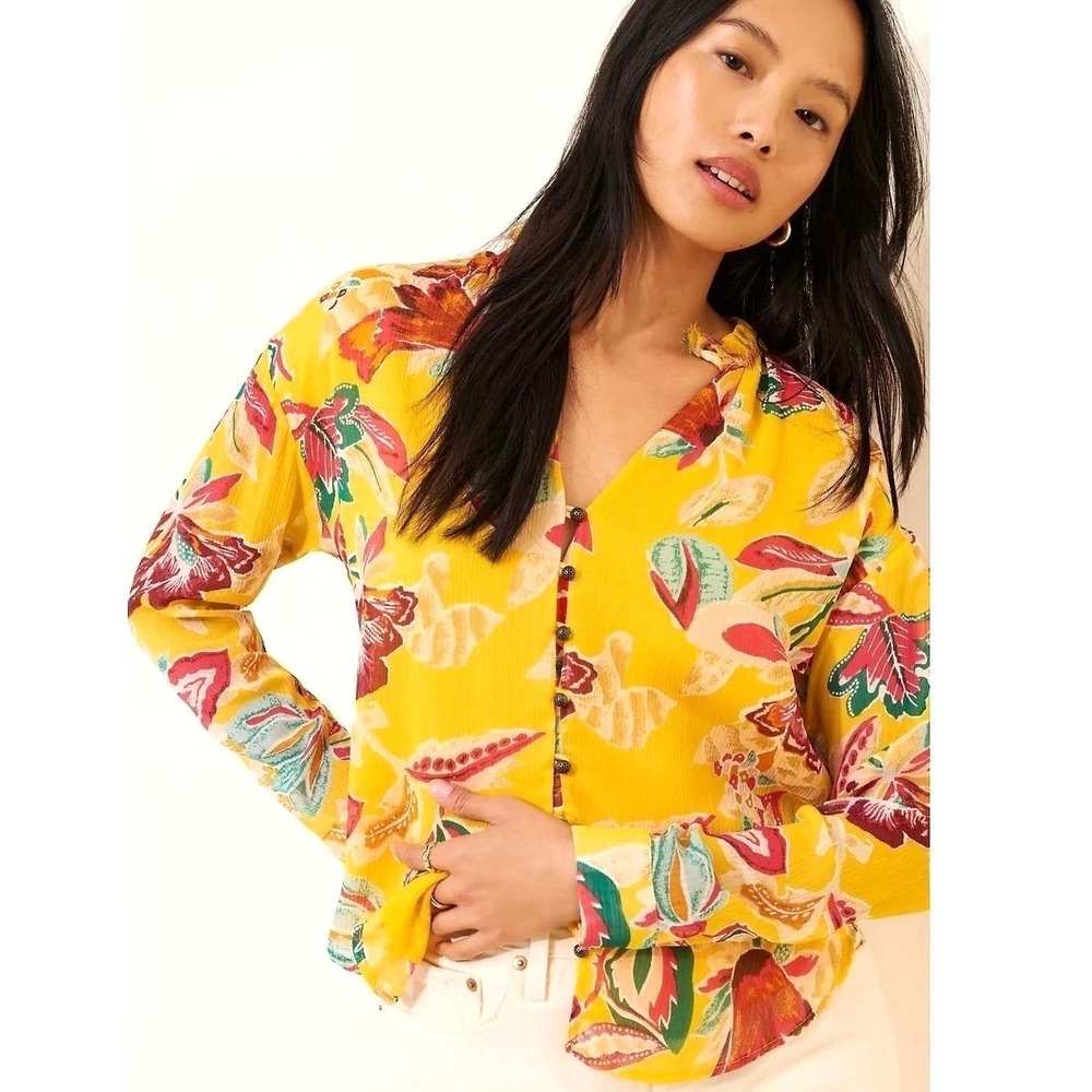 Pilcro Anthropologie Floral Blouse Womens 1X Yellow Ruffle V-Neck